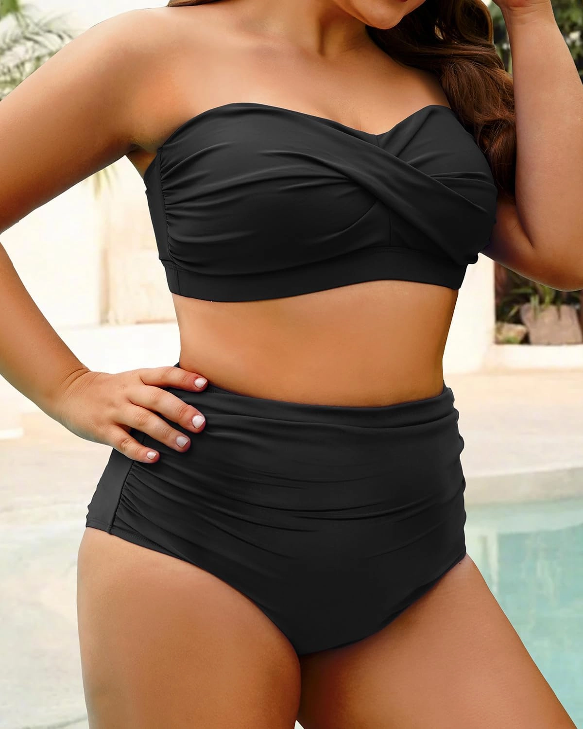 Yonique Women Plus Size Two Piece Swimsuits High Waisted Bathing Suits Bandeau Bikini Tummy Control Swimwear