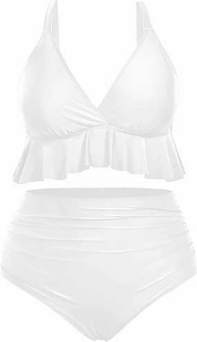 Yonique Women Plus Size Two Piece Swimsuits High Waisted Bikini Set Tummy Control Bathing Suits Ruffle Swimwear