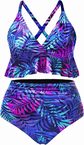 Yonique Women Plus Size Two Piece Swimsuits High Waisted Bikini Set Tummy Control Bathing Suits Ruffle Swimwear