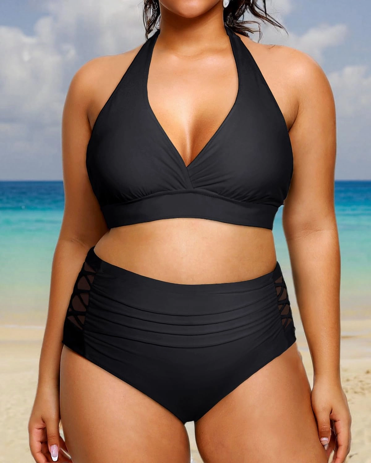 Yonique Womens Two Piece Plus Size Halter Bikini Swimsuits Tummy Control Bathing Suits High Waisted Swimwear