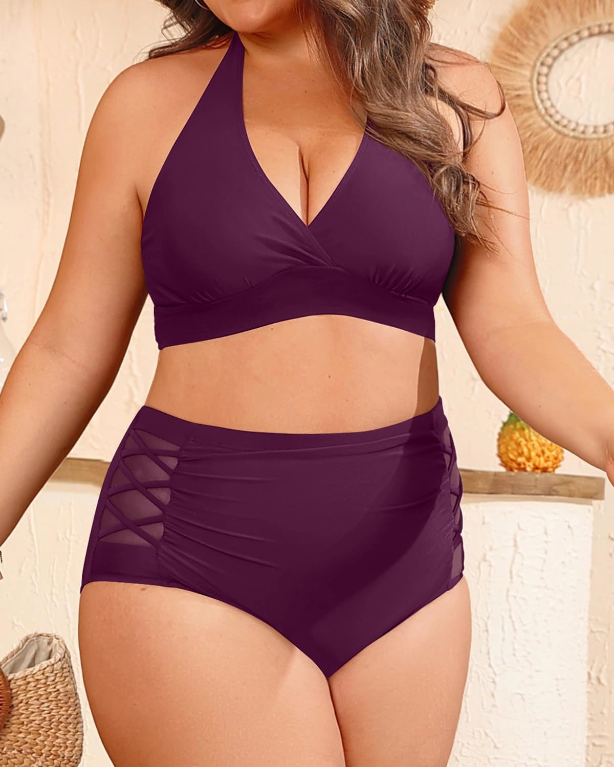 Yonique Womens Two Piece Plus Size Halter Bikini Swimsuits Tummy Control Bathing Suits High Waisted Swimwear