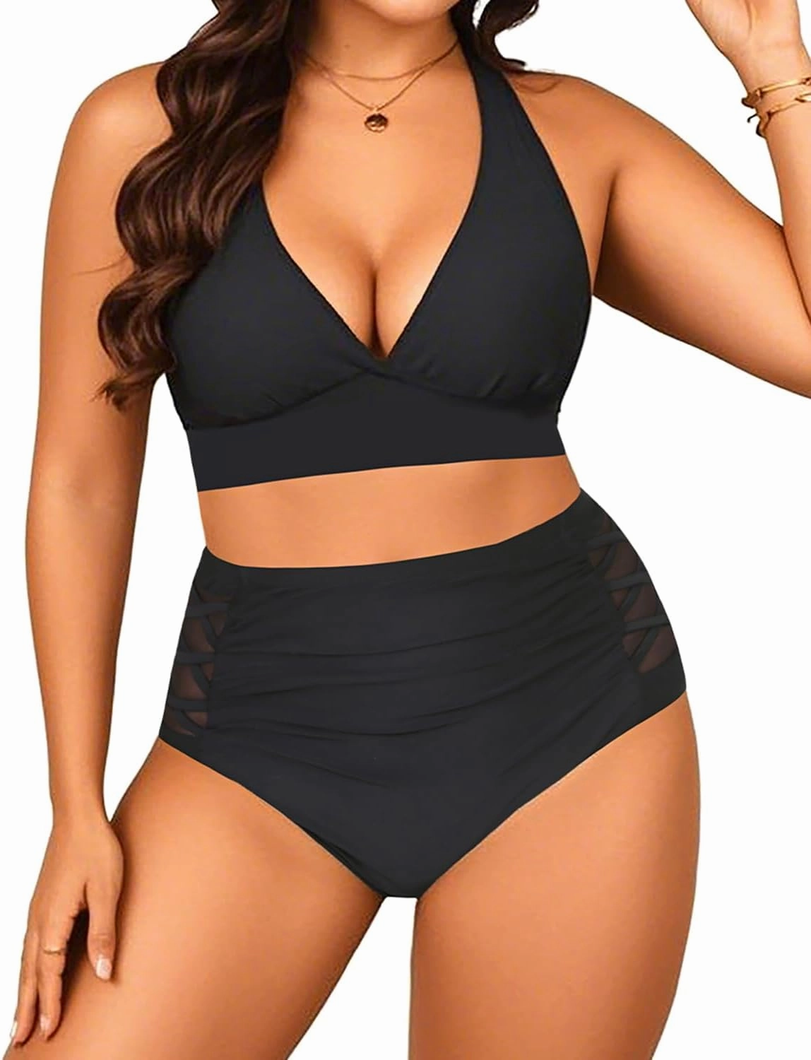 Yonique Womens Two Piece Plus Size Halter Bikini Swimsuits Tummy Control Bathing Suits High Waisted Swimwear