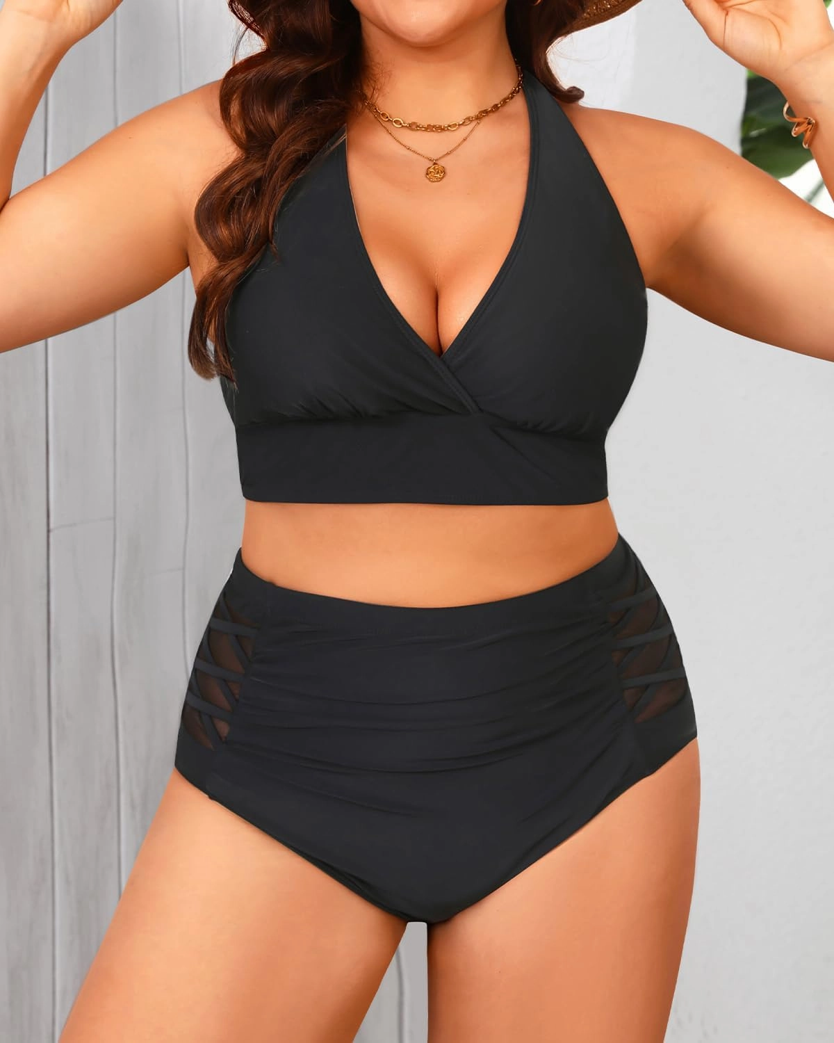 Yonique Womens Two Piece Plus Size Halter Bikini Swimsuits Tummy Control Bathing Suits High Waisted Swimwear