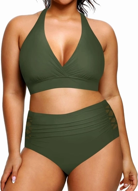 Yonique Womens Two Piece Plus Size Halter Bikini Swimsuits Tummy Control Bathing Suits High Waisted Swimwear