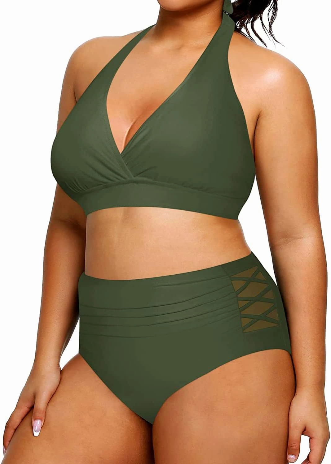 Yonique Womens Two Piece Plus Size Halter Bikini Swimsuits Tummy Control Bathing Suits High Waisted Swimwear