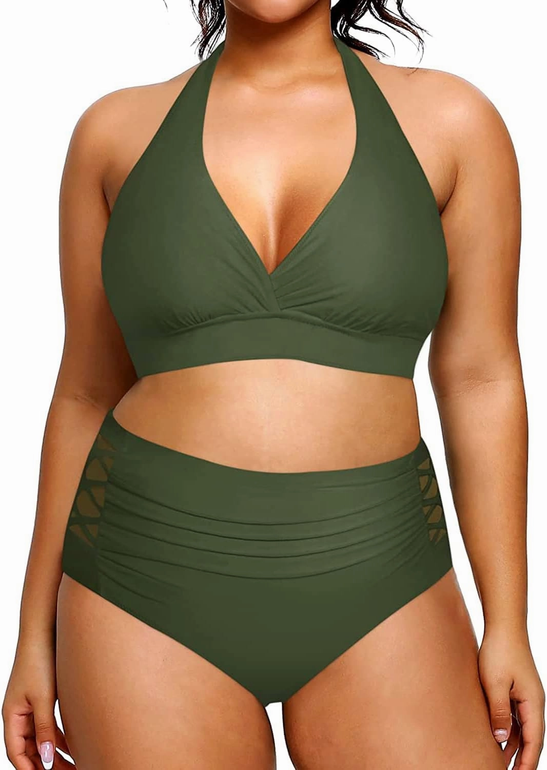 Yonique Womens Two Piece Plus Size Halter Bikini Swimsuits Tummy Control Bathing Suits High Waisted Swimwear