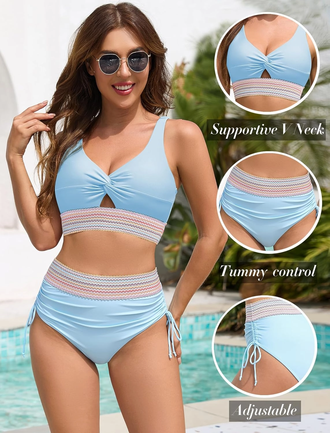 ZAFUL Women High Waisted Bikini Sets Color Block Swimsuit Two Piece Knot Twist Cut Out Drawstring Bathing Suit