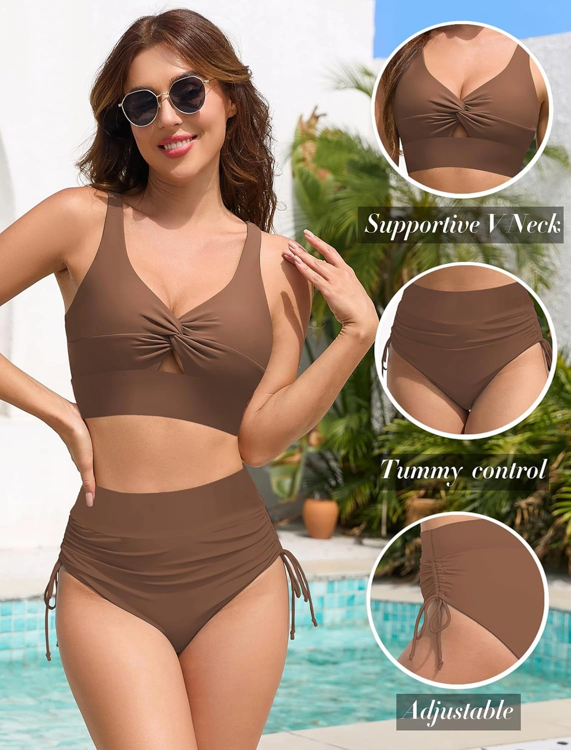 ZAFUL Women High Waisted Bikini Sets Color Block Swimsuit Two Piece Knot Twist Cut Out Drawstring Bathing Suit