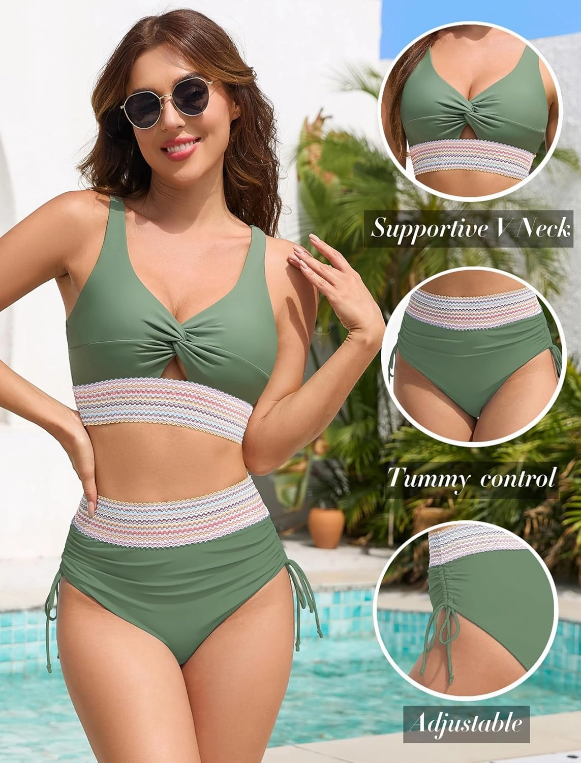 ZAFUL Women High Waisted Bikini Sets Color Block Swimsuit Two Piece Knot Twist Cut Out Drawstring Bathing Suit