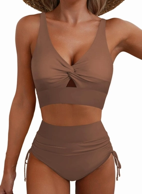 ZAFUL Women High Waisted Bikini Sets Color Block Swimsuit Two Piece Knot Twist Cut Out Drawstring Bathing Suit