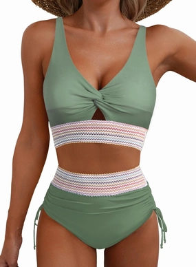 ZAFUL Women High Waisted Bikini Sets Color Block Swimsuit Two Piece Knot Twist Cut Out Drawstring Bathing Suit