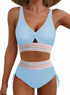 ZAFUL Women High Waisted Bikini Sets Color Block Swimsuit Two Piece Knot Twist Cut Out Drawstring Bathing Suit