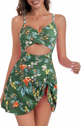 ZAFUL Women One Piece Swimdress Tummy Control Bathing Suit Push Up Swimsuit Modest Swimwear Cutout V Neck Cute Tie Knot Skirt