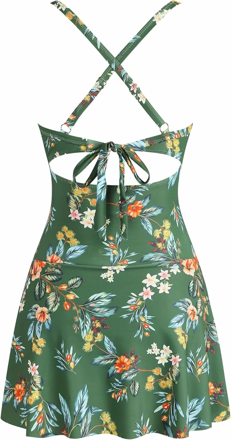 ZAFUL Women One Piece Swimdress Tummy Control Bathing Suit Push Up Swimsuit Modest Swimwear Cutout V Neck Cute Tie Knot Skirt