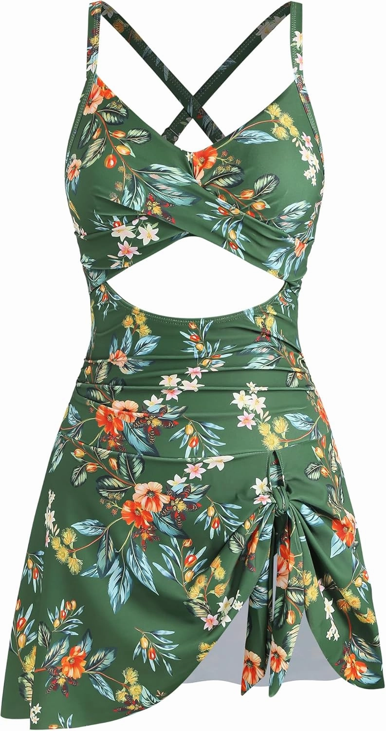 ZAFUL Women One Piece Swimdress Tummy Control Bathing Suit Push Up Swimsuit Modest Swimwear Cutout V Neck Cute Tie Knot Skirt