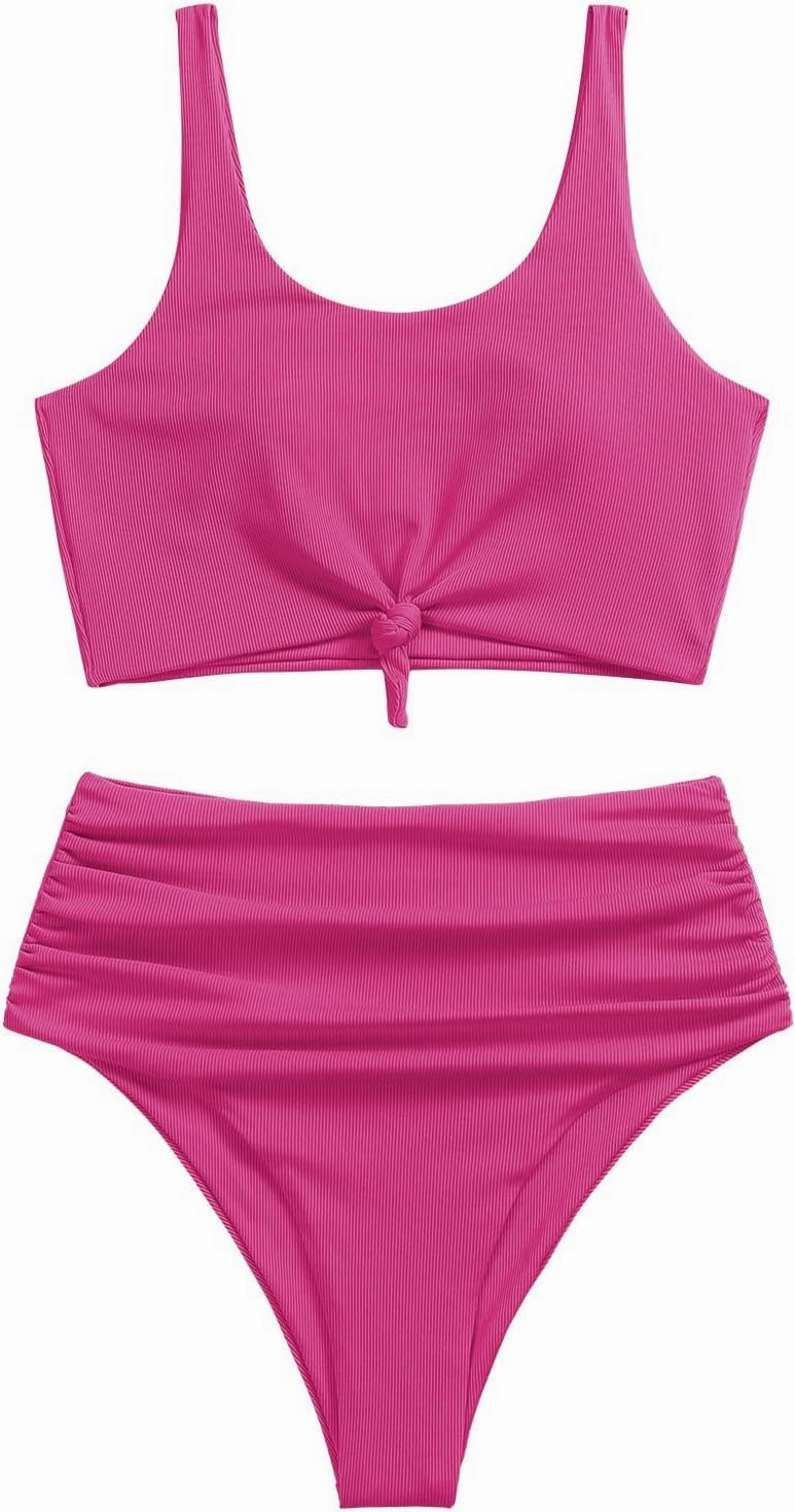 ZAFUL Women's High Waisted Tankini Swimsuit Scoop Neck Ruched Bikini Set Tummy Control 2 Piece Bathing Suit