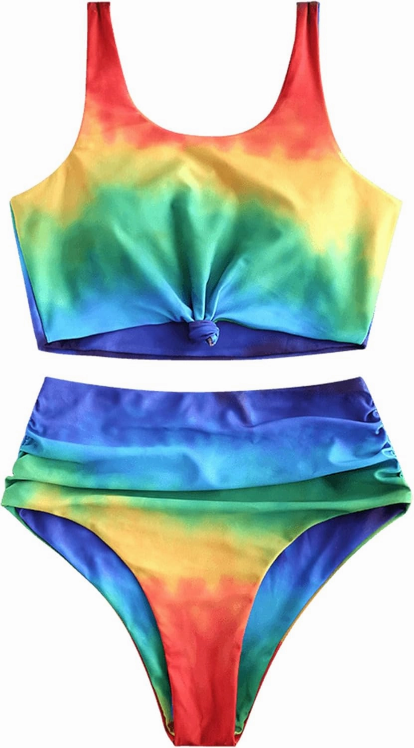 ZAFUL Women's High Waisted Tankini Swimsuit Scoop Neck Ruched Bikini Set Tummy Control 2 Piece Bathing Suit