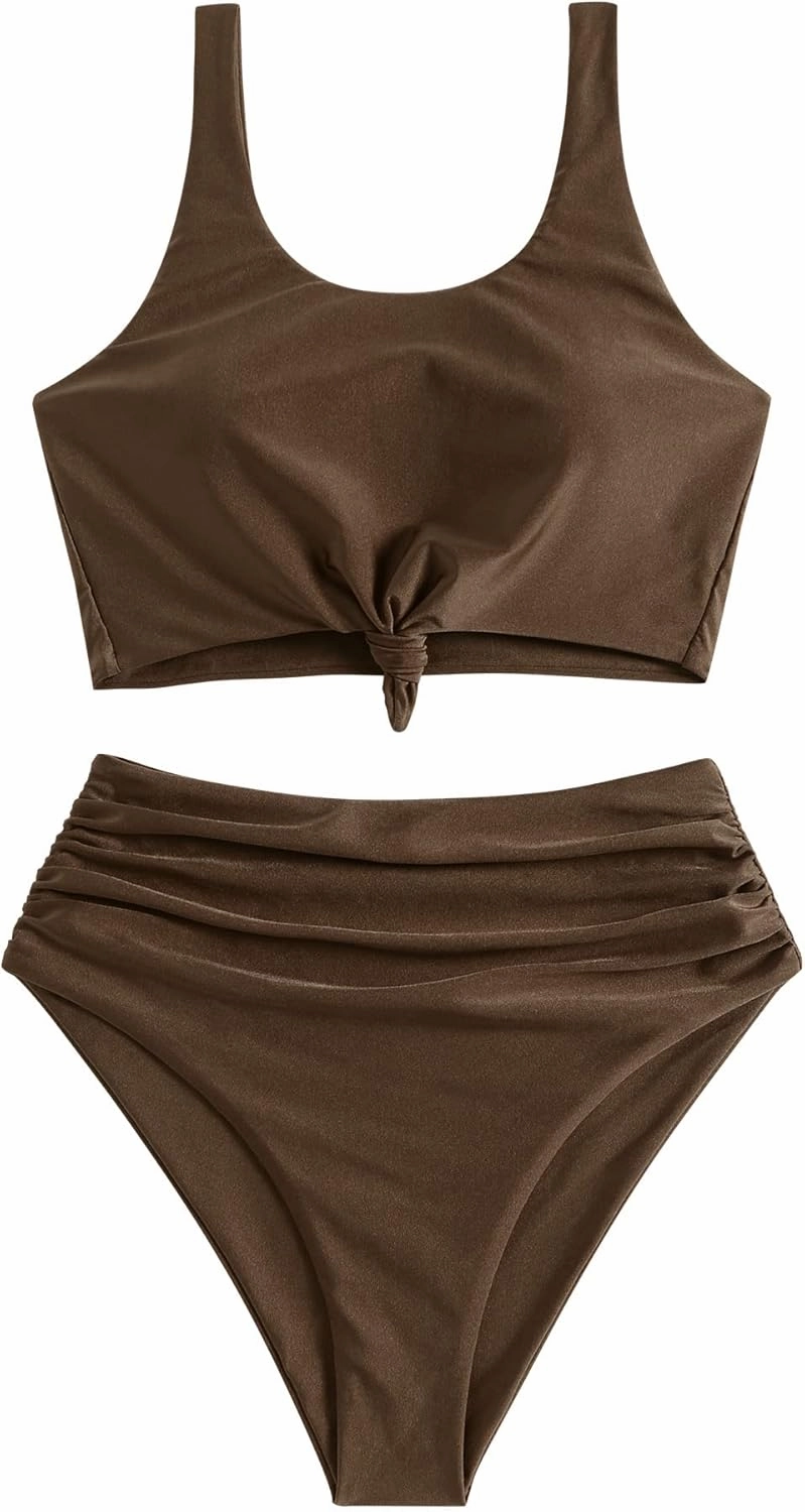 ZAFUL Women's High Waisted Tankini Swimsuit Scoop Neck Ruched Bikini Set Tummy Control 2 Piece Bathing Suit