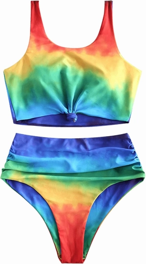 ZAFUL Women's High Waisted Tankini Swimsuit Scoop Neck Ruched Bikini Set Tummy Control 2 Piece Bathing Suit