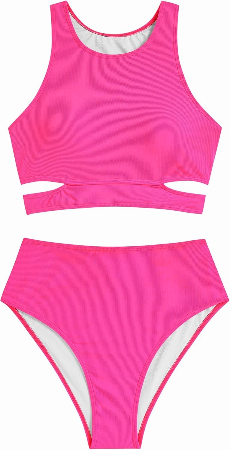 ZAFUL Women's Swimsuit High Waisted Bikini Sets Two Piece Swimsuit Scoop Neck Tank Side Cutout Midkini Stitching