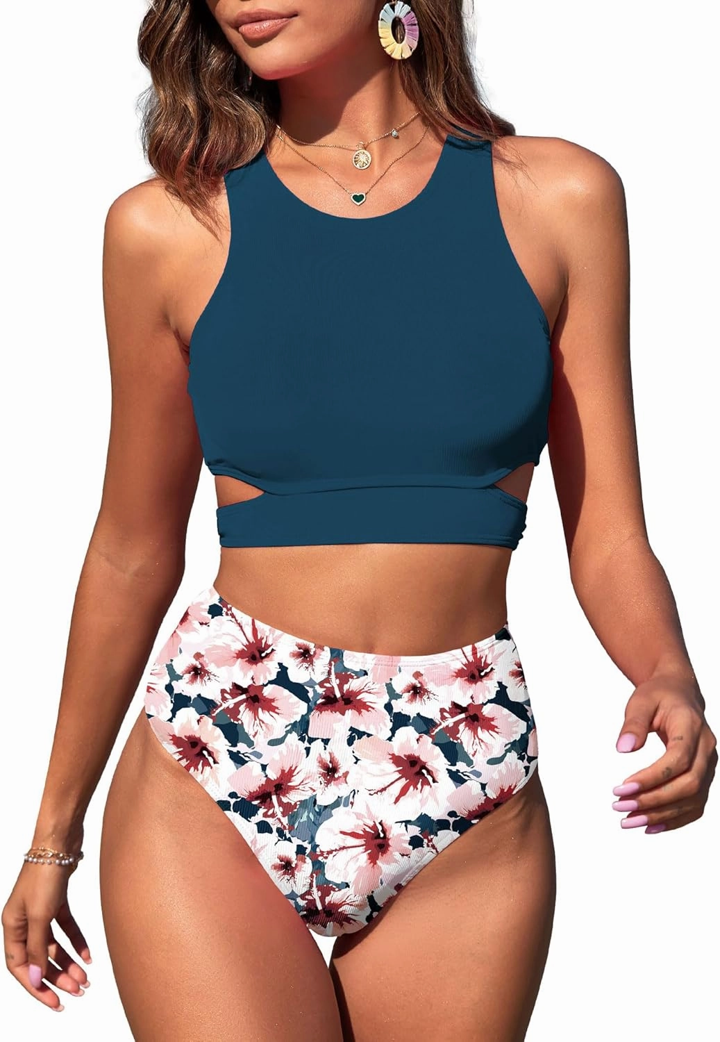 ZAFUL Women's Swimsuit High Waisted Bikini Sets Two Piece Swimsuit Scoop Neck Tank Side Cutout Midkini Stitching