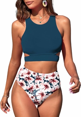 ZAFUL Women's Swimsuit High Waisted Bikini Sets Two Piece Swimsuit Scoop Neck Tank Side Cutout Midkini Stitching
