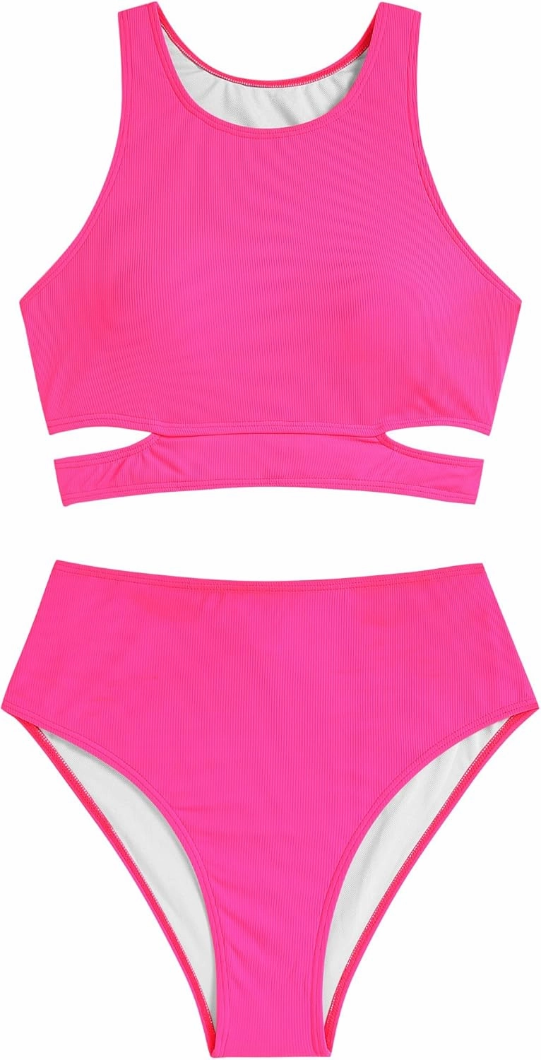 ZAFUL Women's Swimsuit High Waisted Bikini Sets Two Piece Swimsuit Scoop Neck Tank Side Cutout Midkini Stitching