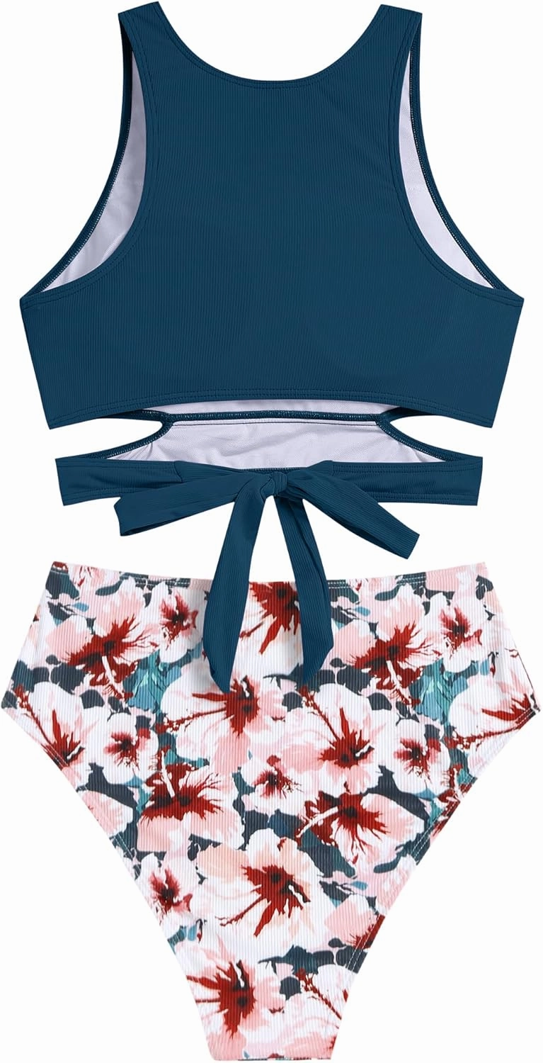 ZAFUL Women's Swimsuit High Waisted Bikini Sets Two Piece Swimsuit Scoop Neck Tank Side Cutout Midkini Stitching