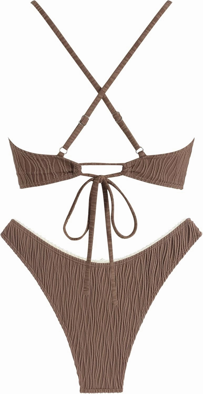 ZAFUL Women's V Neck Bikini Set High Waisted Swimsuits Lace Up Bow Decor Cheeky Two Piece Bathing Suit