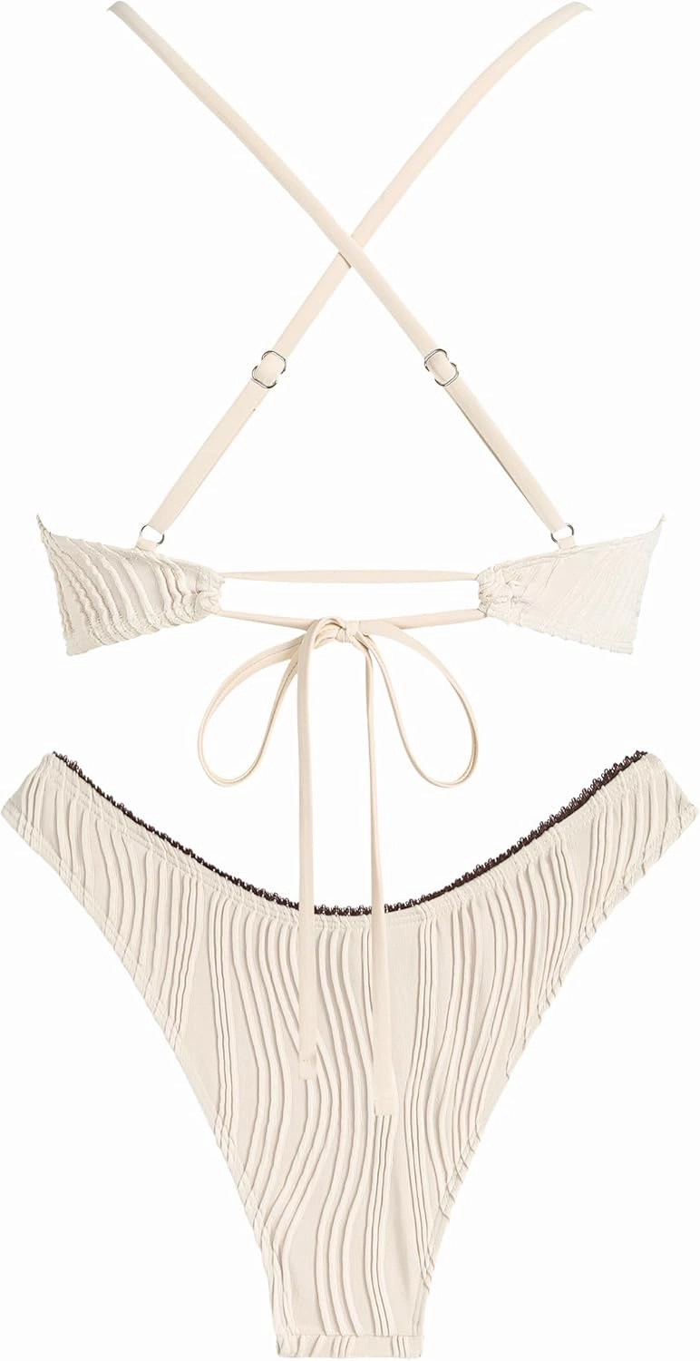 ZAFUL Women's V Neck Bikini Set High Waisted Swimsuits Lace Up Bow Decor Cheeky Two Piece Bathing Suit