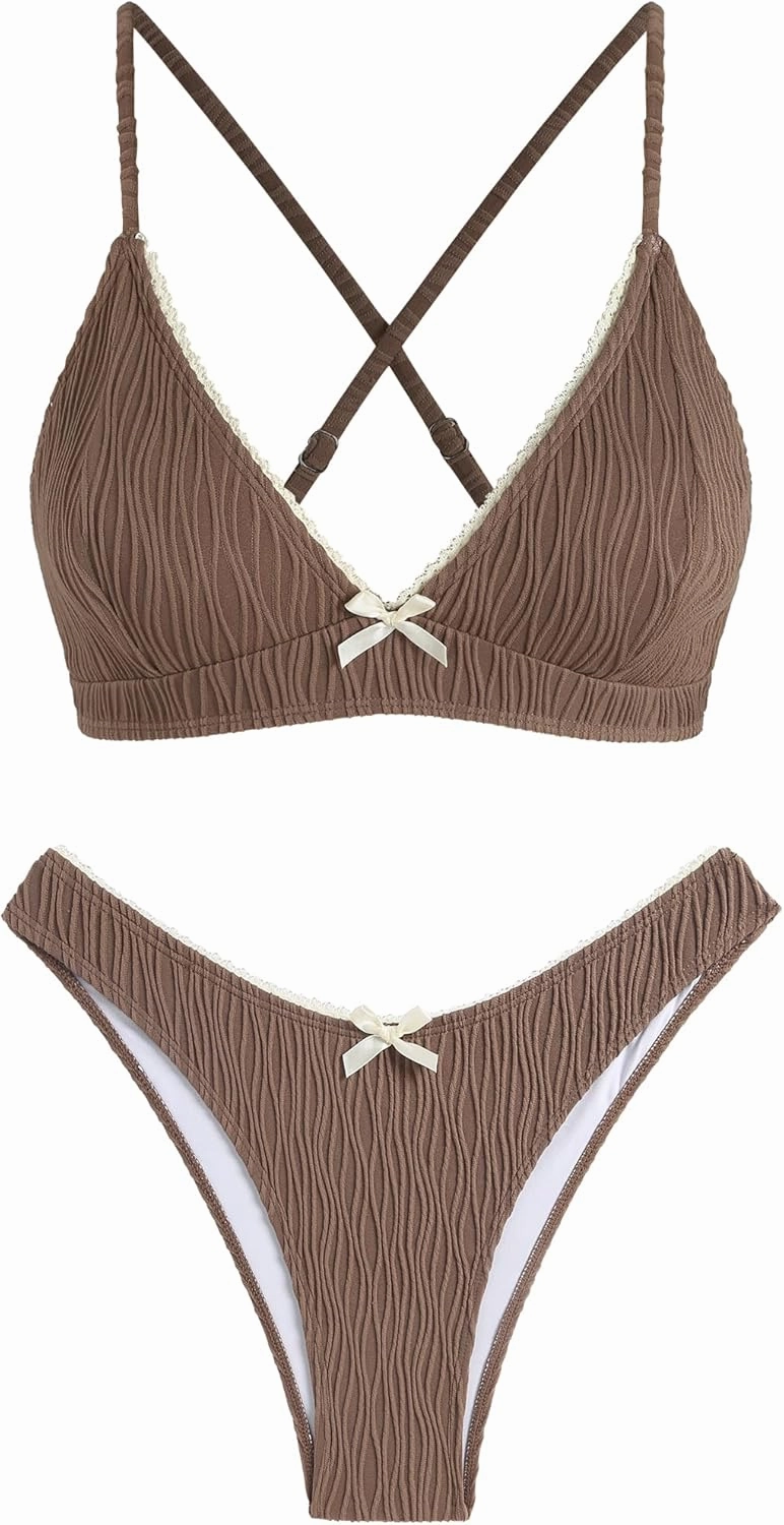 ZAFUL Women's V Neck Bikini Set High Waisted Swimsuits Lace Up Bow Decor Cheeky Two Piece Bathing Suit