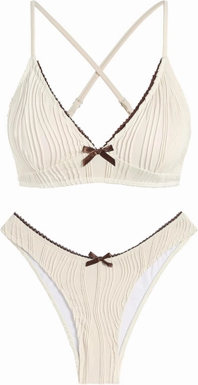 ZAFUL Women's V Neck Bikini Set High Waisted Swimsuits Lace Up Bow Decor Cheeky Two Piece Bathing Suit