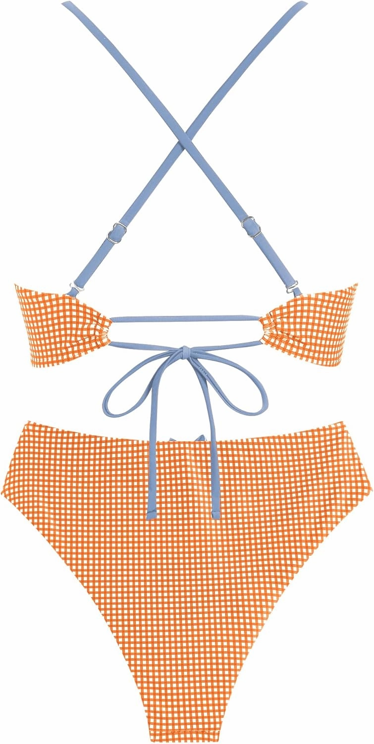 ZAFUL Women's V Neck Bikini Set High Waisted Swimsuits Lace Up Bow Decor Cheeky Two Piece Bathing Suit
