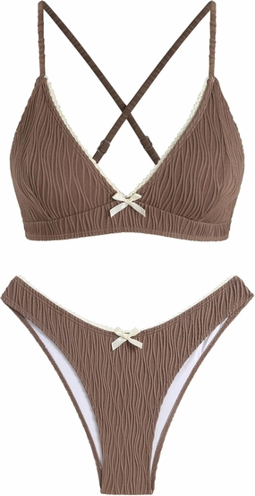 ZAFUL Women's V Neck Bikini Set High Waisted Swimsuits Lace Up Bow Decor Cheeky Two Piece Bathing Suit