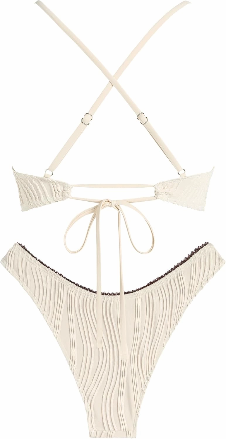 ZAFUL Women's V Neck Bikini Set High Waisted Swimsuits Lace Up Bow Decor Cheeky Two Piece Bathing Suit