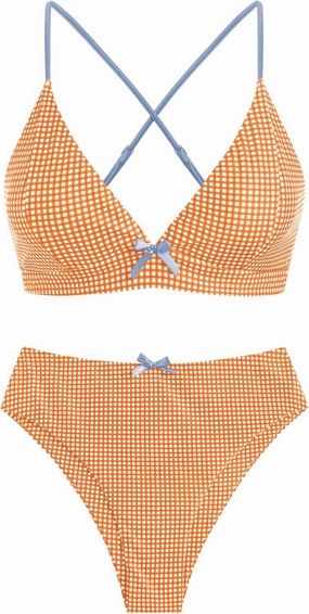 ZAFUL Women's V Neck Bikini Set High Waisted Swimsuits Lace Up Bow Decor Cheeky Two Piece Bathing Suit