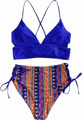 ZAFUL Women Tankini Set, Ribbed High Cut Surplice Swimsuit Bathing Suit with Spaghetti Straps
