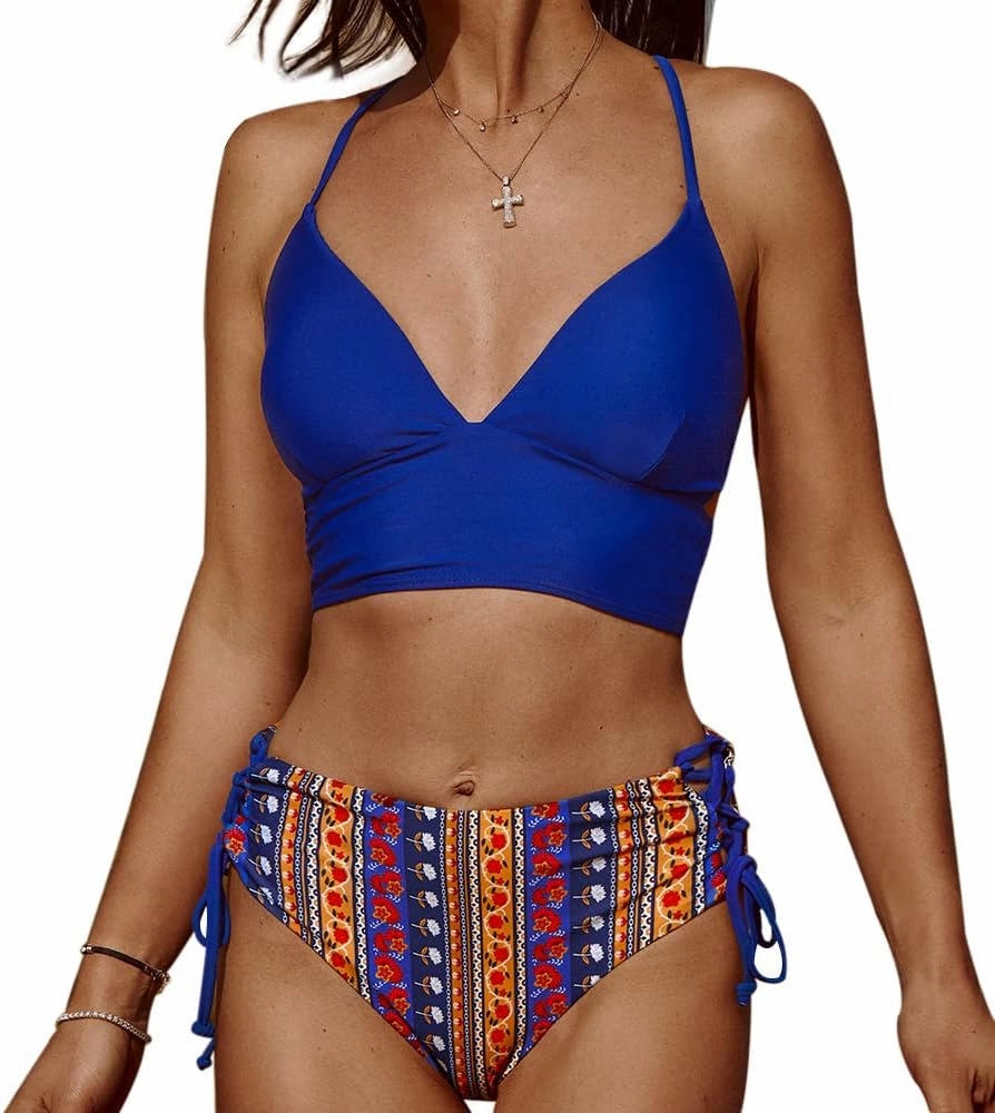 ZAFUL Women Tankini Set, Ribbed High Cut Surplice Swimsuit Bathing Suit with Spaghetti Straps
