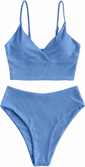 ZAFUL Women Tankini Set, Ribbed High Cut Surplice Swimsuit Bathing Suit with Spaghetti Straps
