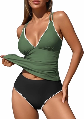 ZAFUL Womens Tankini Swimsuits V Neck Push Up Swim Top Color Block Tummy Control High Waisted Bathing Suits Swim Bottom