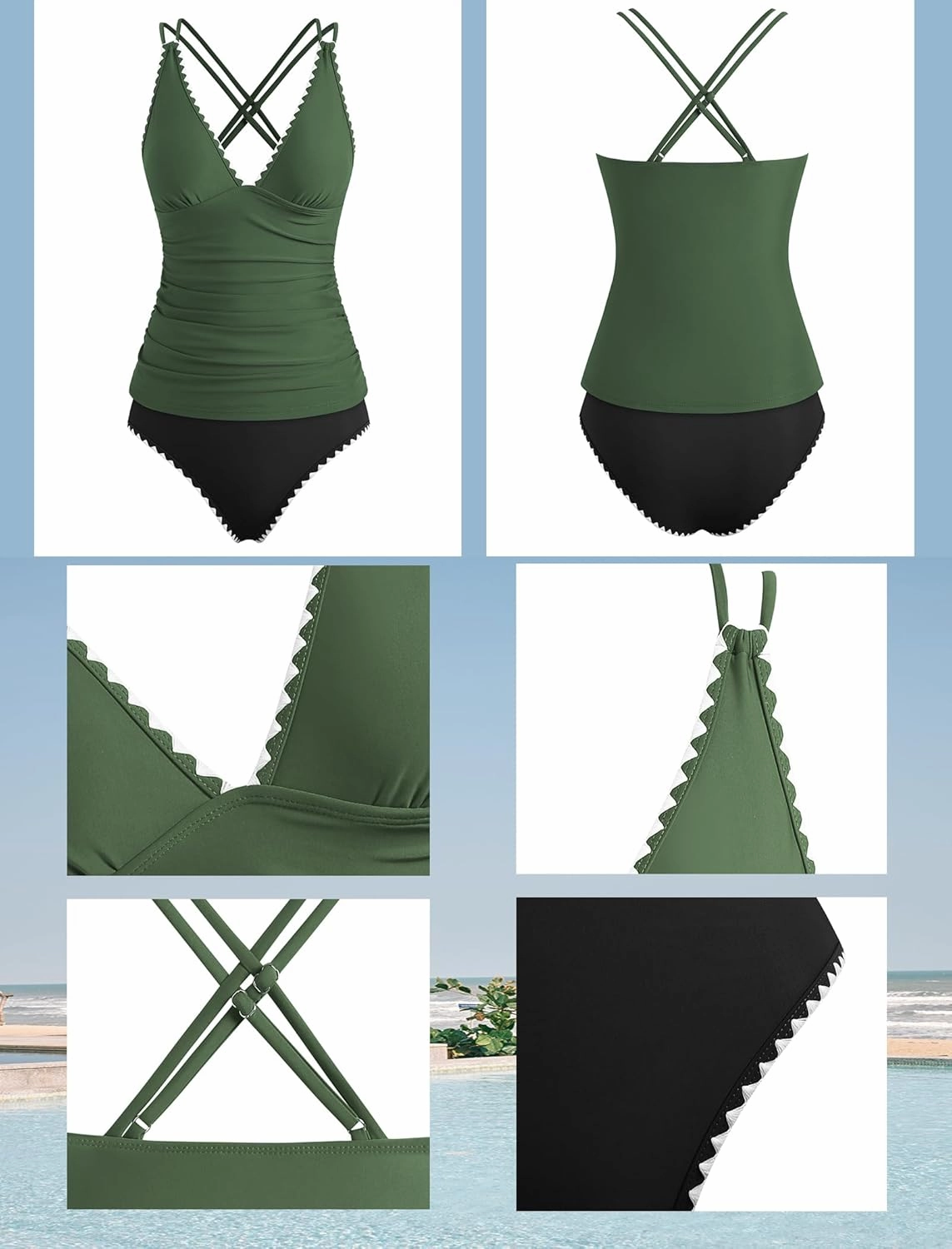 ZAFUL Womens Tankini Swimsuits V Neck Push Up Swim Top Color Block Tummy Control High Waisted Bathing Suits Swim Bottom