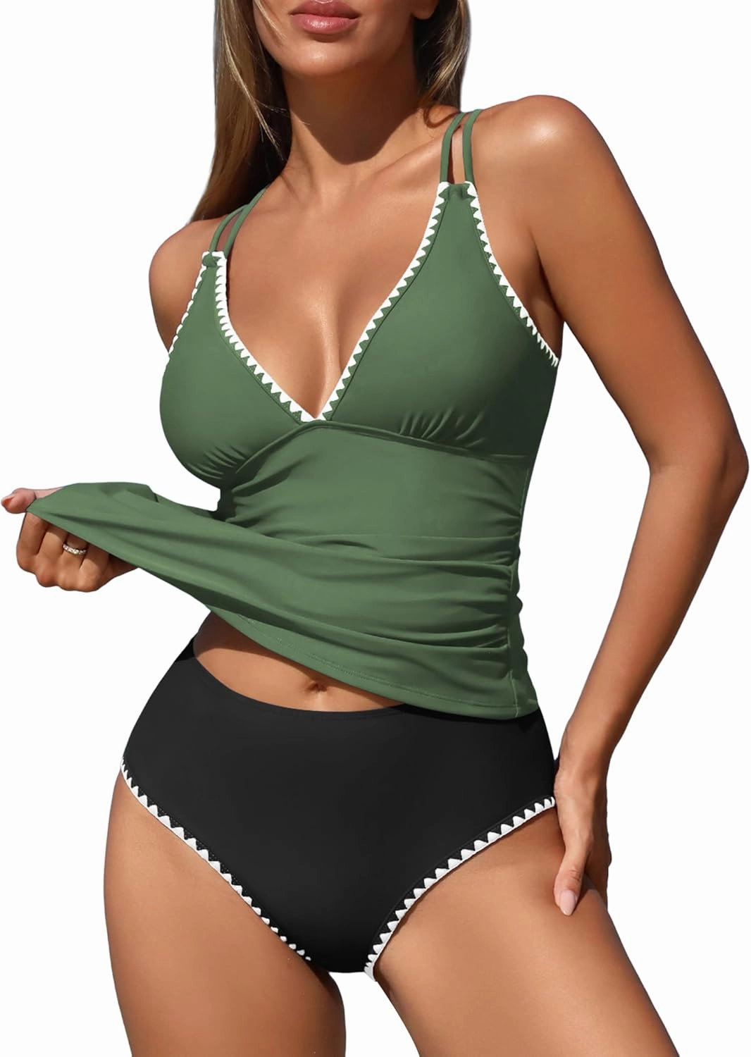 ZAFUL Womens Tankini Swimsuits V Neck Push Up Swim Top Color Block Tummy Control High Waisted Bathing Suits Swim Bottom