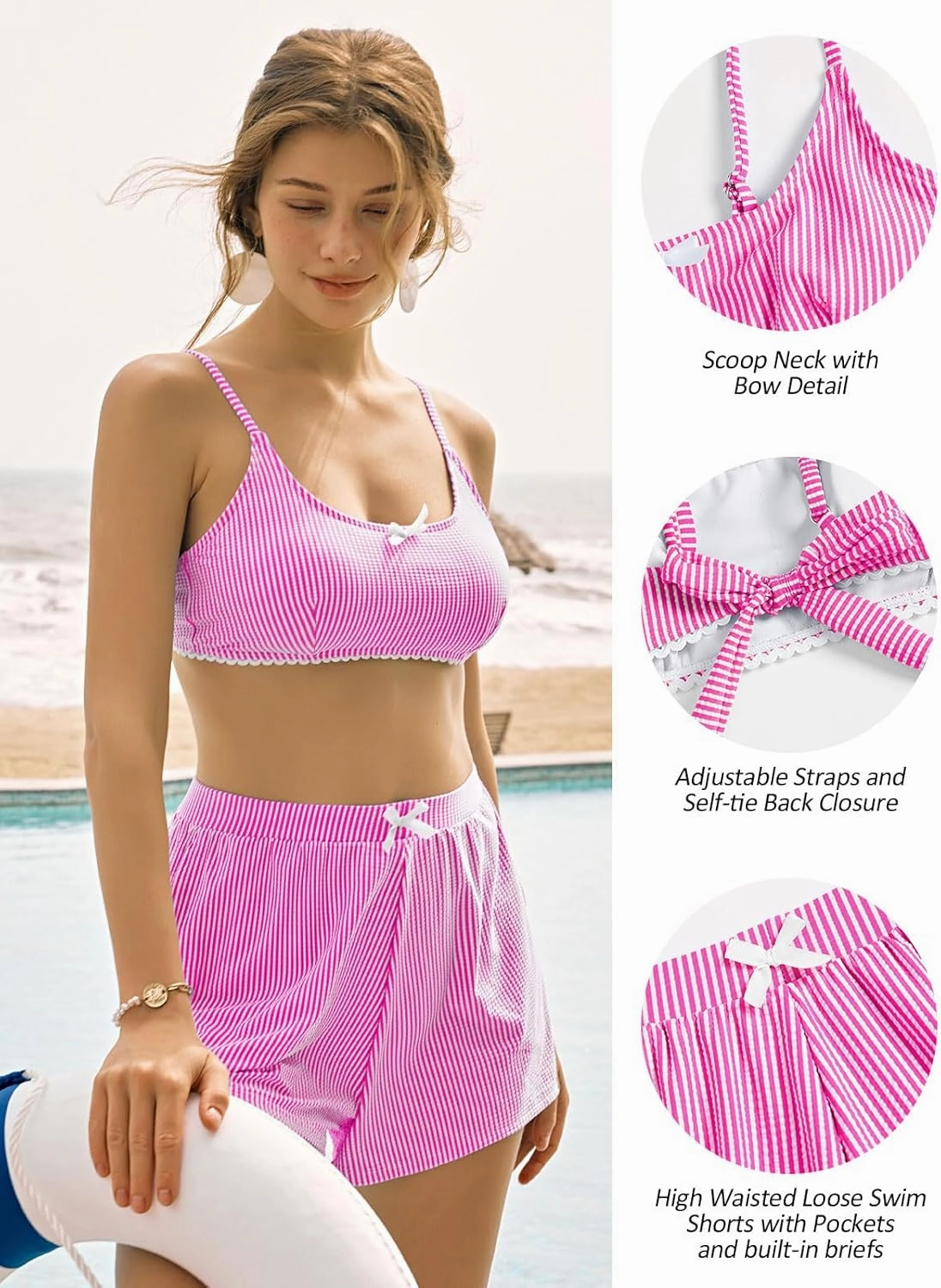 ZAFUL Womens Two Piece Swimsuits with Shorts Cute Striped Bikini Sets Casual Vacation Swimwear