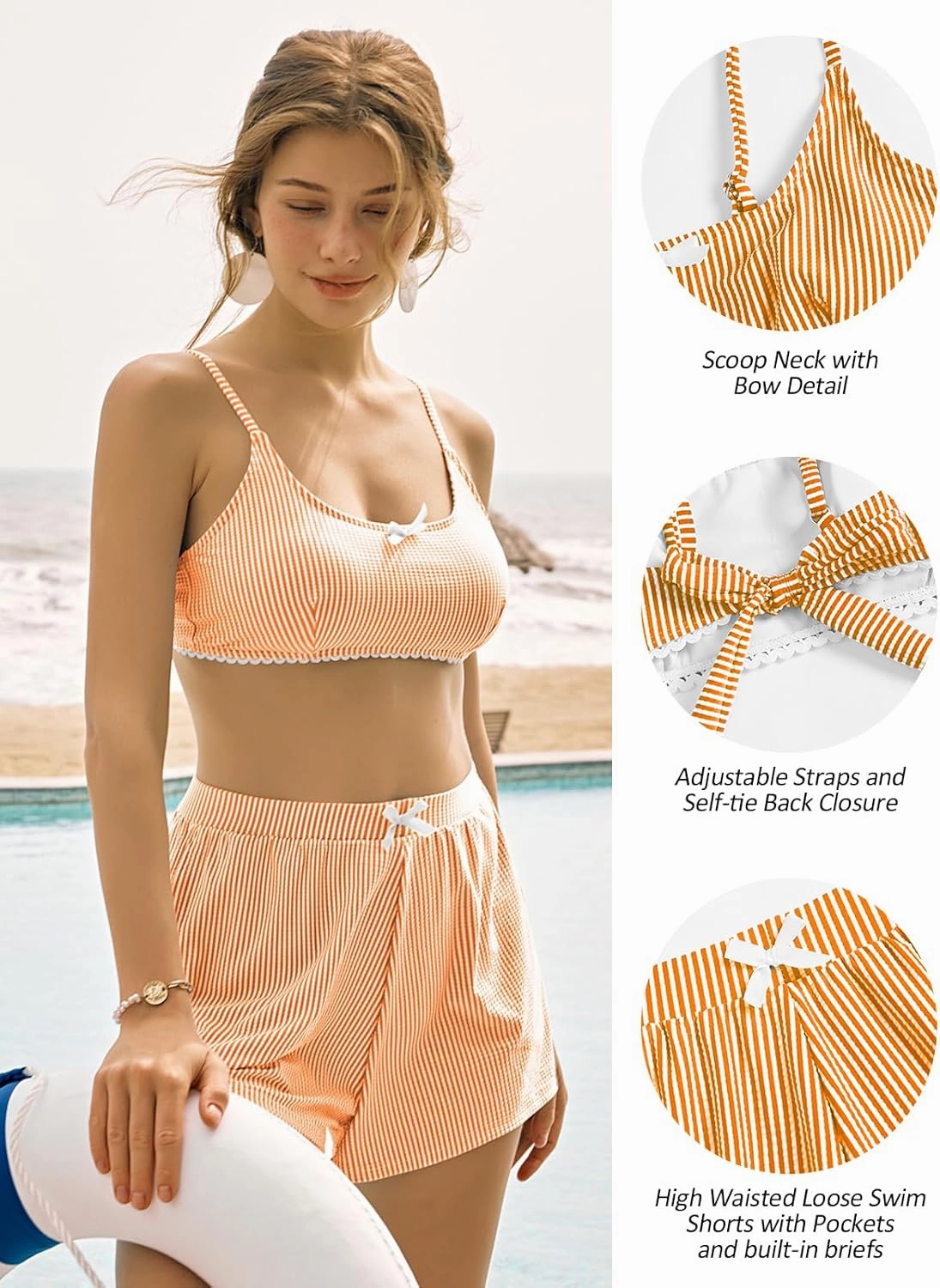 ZAFUL Womens Two Piece Swimsuits with Shorts Cute Striped Bikini Sets Casual Vacation Swimwear