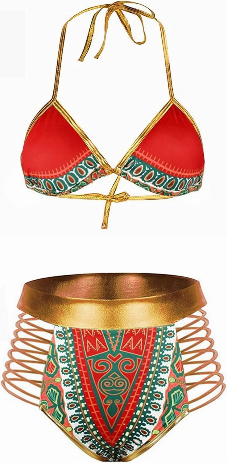 Zando Women Tribal Print Bikini African Metallic Swimsuit Two Piece Beachwear Cutout Halter Neck Bathing Suit Swimwear