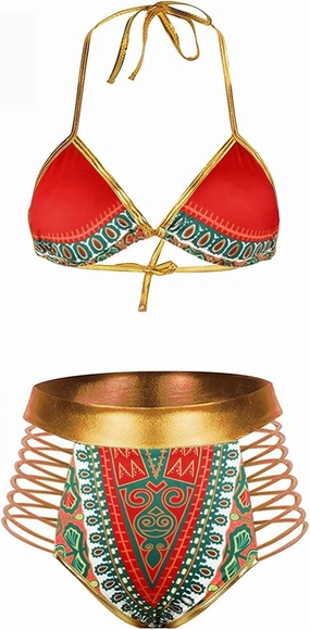 Zando Women Tribal Print Bikini African Metallic Swimsuit Two Piece Beachwear Cutout Halter Neck Bathing Suit Swimwear