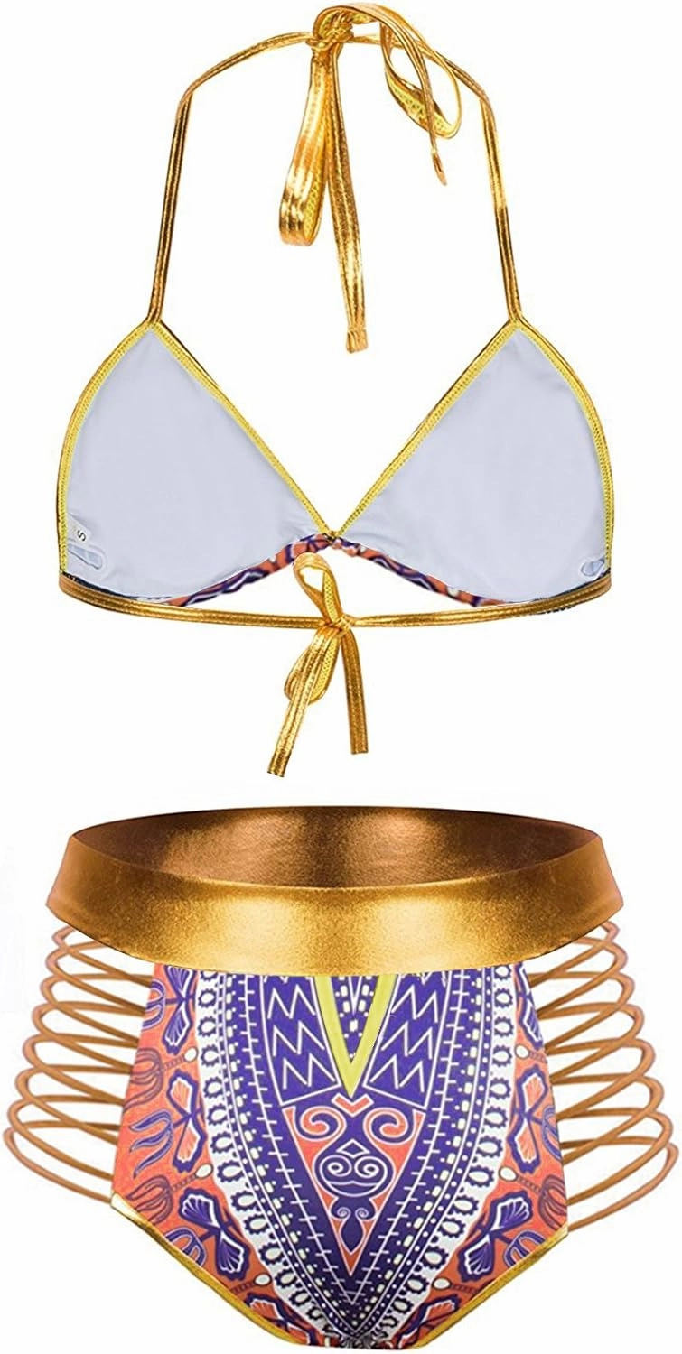 Zando Women Tribal Print Bikini African Metallic Swimsuit Two Piece Beachwear Cutout Halter Neck Bathing Suit Swimwear