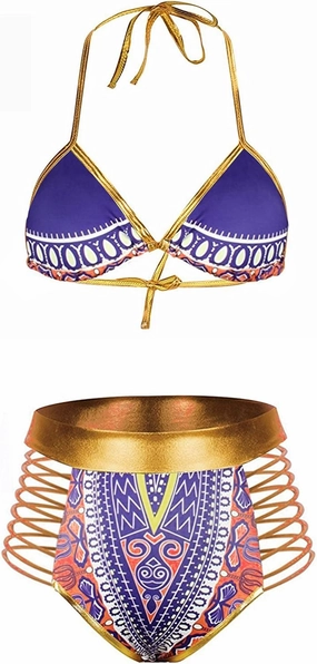 Zando Women Tribal Print Bikini African Metallic Swimsuit Two Piece Beachwear Cutout Halter Neck Bathing Suit Swimwear