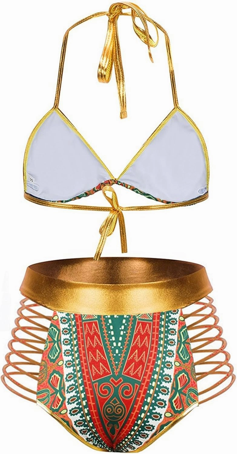 Zando Women Tribal Print Bikini African Metallic Swimsuit Two Piece Beachwear Cutout Halter Neck Bathing Suit Swimwear