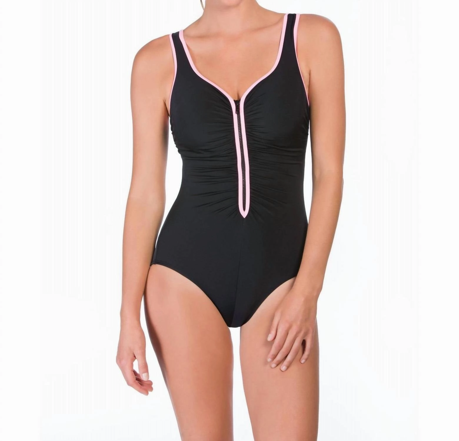 Zip Tide Outline Shirred Zipper Front Scoop Neck One Piece Swimsuit In Pink/black